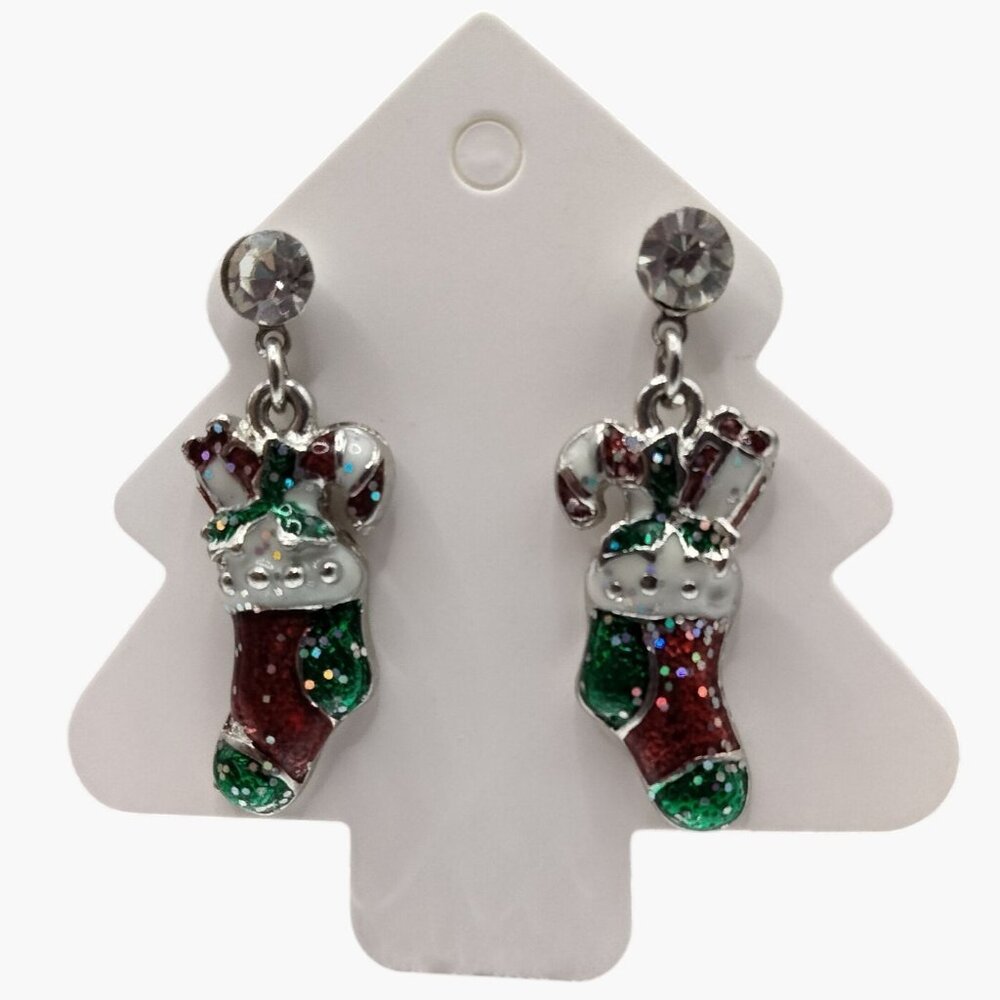 Christmas Stocking Charm Earrings Enamel Rhinestone Holiday Jewelry